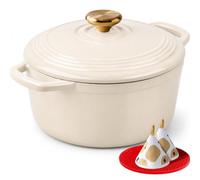 Overmont Cocotte Ronde en Fonte Émaillée 26 cm 5,2 L,Blanc Crème | Pour 4 à 6 personnes, avec couvercle et protège-poignées en coton, tous feux dont induction et four, pour pain et mijotés