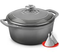 Overmont Cocotte en Fonte Émaillée - Ø26 cm Casserole Antiadhésive Avec Couvercle et Maniques en Coton - Batterie de Cuisine Robuste pour Braiser Ragoûts Rôtir Pain - Gris ardoise