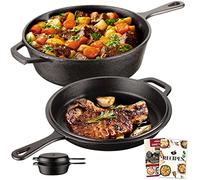 Overmont Dutch Oven Pot en Fonte Prêt à l'emploi Couvercle/Poêle à Double Fonction avec Recette E-book pour Cuisine Camping Garden BBQ (26x8cm - Long Manche) Modèle : OV009