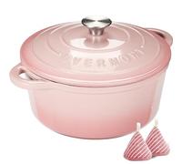 Overmont Enamelled Cast Iron Casserole Dish - Ø26cm Non Stick Saucepan with Lid and Cotton Pot Holders - Heavy Duty Cookware for Braising Stews Roasting Bread - Rose pastel