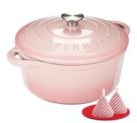 Overmont Enamelled Cast Iron Casserole Dish - Ø26cm Non Stick Saucepan with Lid and Cotton Pot Holders - Heavy Duty Cookware for Braising Stews Roasting Bread - Rose pastel