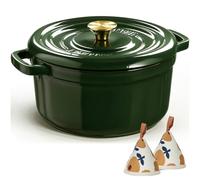 Overmont Four hollandais en fonte émaillée - Pot avec couvercle, livre de cuisine et maniques en coton, résistant pour braiser, ragoût, rôtir, cuisson du pain