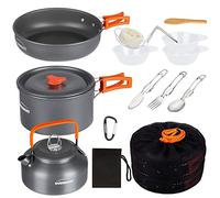 OVERMONT Kit de Casseroles Camping 14pcs Poêlé Set en Aluminium Durable, Ensemble Gril Pot Pratique de Pique-Nique avec Cafetière Théière pour Randonnée