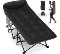 OVERMONT Lit de Camp Pliant avec Matelas - Lit de Camping Pliable 190 x 70 x 40 cm - Supporte jusqu'à 250 kg - Tissu Oxford avec Poche Latérale - Sac de Transport pour Camping Jardin Bureau - Noir
