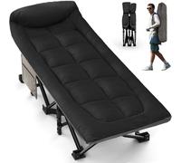 OVERMONT Lit de Camp Pliant avec Matelas - Lit de Camping Pliable 190 x 70 x 40 cm - Supporte jusqu'à 250 kg - Tissu Oxford avec Poche Latérale - Sac de Transport pour Camping Jardin Bureau - Noir