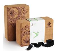 Overmont Lot de 2 blocs de yoga en liège avec sangle de yoga pour yoga, pilates, fitness général et étirement 23 x 15 x 7,6 cm