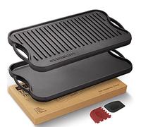 OVERMONT Plaque de Cuisson Réversible en Fonte - 43,2 x 24,9 cm avec Poignées - Plancha Double Face Préculottée avec Grattoir de Nettoyage - pour Barbecue Gaz et Charbon, Four, Camping et Jardin