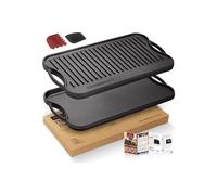 OVERMONT Plaque de Cuisson Réversible en Fonte - 43,2 x 24,9 cm avec Poignées - Plancha Double Face Préculottée avec Grattoir de Nettoyage - pour Barbecue Gaz et Charbon, Four, Camping et Jardin