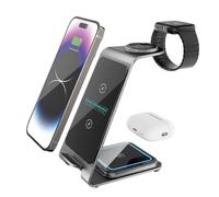 OVERMUST - Chargeur Wireless 3 en 1 | Recharge Simultanée iPhone Samsung AirPods Apple Watch | Design Compact Aluminium | Sécurité et Ventilation Optimale, Gris, Métal