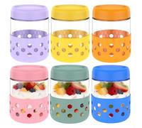 Overnight Oats Lot de 2/4/6 bocaux à dessert de 500 ml avec couvercle et coque en silicone, hermétiques, anti-fuite, passent au lave-vaisselle, pour Oats de nuit, confitures, pics, puddings, yaourts