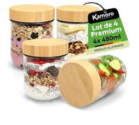 Overnight Oats - Lot de 4 bocaux hermétiques avec couvercle en bambou - 480 ml - Idéal pour les oeufs nocturnes, muesli à emporter, porridge, yaourt et confiture - Bocaux durables