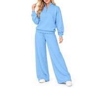 oversized 2 piece sets for women, Quarter Zip Top and Wide Leg Pants | Relaxed polyester set with a quarter zip pullover and drawstring wide leg pants for travel, lounging and casual outings.