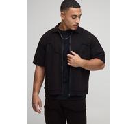 Oversized Bleach Wash Raw Edge Carpenter Short Sleeve Overshirt homme - noir - XS, noir
