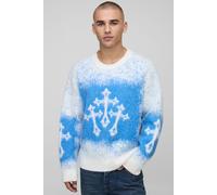 Oversized Boxy Fit Cross Jacquard Fluffy Knitted Jumper homme - cobalt - L, cobalt