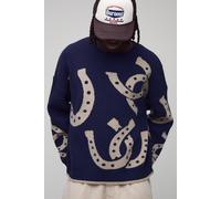 Oversized Dropped Shoulder Horse Shoe Jacquard Knitted Jumper homme - bleu - XL, bleu
