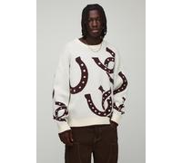 Oversized Dropped Shoulder Horse Shoe Jacquard Knitted Jumper homme - ecru - L, ecru