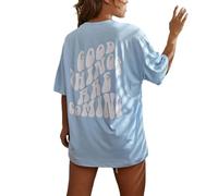 Oversized Tshirt Femme, Manches Courtes Grande Taille T-Shirts Vintage Chic et Élégant Long Top Très Large Sport Blouse Été Oversize Anti UV Tee Shirt, Light Blue, L