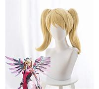 Overwatch Angela Ziegler miséricorde peau rose Cosplay perruque courte Blonde Anime Costume perruques avec Double puce queues de cheval pour les femmes KUZB419