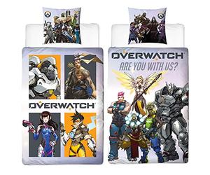 Overwatch Heroes Parure de lit réversible 100 % coton renforcé 135 x 200 + 80 x 80 cm + 100 % coton pour enfant Genji Reaper Tracer Widowmaker Doomfist Mercy Zarya Sombra 2 motifs Fermeture éclair