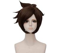 Overwatch Tracer Game Cosplay Perruques de Cosplay et Courts Couches Natales Natal Brown Résistant à la chaleur Fibre Syride Cheveux moelleux 10 pouces chenghuax
