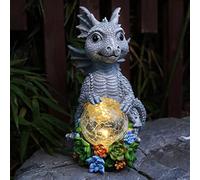 Ovewios Statue de dragon de jardin, décoration extérieure, grande figurine de dragon avec globe solaire craquelé en résine pour intérieur, maison, extérieur, terrasse, pelouse, cadeau