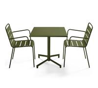 Oviala Ensemble Table 70 cm et 2 fauteuils de Jardin en métal Vert Kaki - Palavas