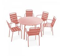 Oviala Ensemble Table de Jardin Ronde et 6 fauteuils Acier Argile - Palavas
