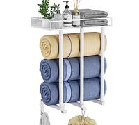 OVICAR Porte-serviettes mural pour salle de bain avec étagère en métal et 3 crochets, 3 barres pour petite salle de bain, rangement de serviettes de bain pour serviettes enroulées (blanc)