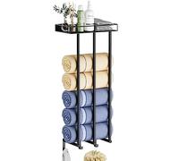 OVICAR Porte-serviettes pour salle de bain - Rangement mural pour serviettes enroulées avec étagère en métal et 3 crochets, 3 barres pour petite salle de bain, organiseur de serviettes de bain (noir)