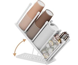 OVICAR Support de tasse et couvercle - Porte-gobelet réglable à 4 compartiments jetables avec paille de café pour station de café, bar, comptoir, salle de pause, métal blanc