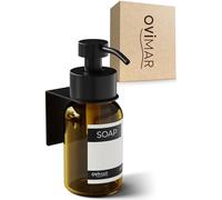 ovimar Distributeur de savon en verre Stord noir - Tête de pompe en acier inoxydable et support mural - Sans perçage à coller avec 3M - 250 ml - Verre ambré