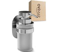 ovimar Distributeur de Savon Kegnaes - Argenté - Montage Mural sans perçage - en Acier Inoxydable et Verre Blanc - Ouverture Extra Large Facile à remplir - pour Salle de Bain ou Cuisine