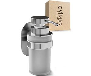 ovimar Distributeur de Savon Kegnaes - Argenté - Montage Mural sans perçage - en Acier Inoxydable et Verre Blanc - Ouverture Extra Large Facile à remplir - pour Salle de Bain ou Cuisine