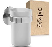 ovimar Keldsnor Gobelet à brosse à dents | Argenté | sans perçage | en verre et acier inoxydable pour la salle de bain | avec gobelet amovible et porte-gobelet | à coller au mur