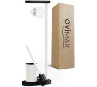 Ovimar Set de WC sur Pied 3 en 1 Vradal en Blanc | Set de brosses WC avec tête de Brosse en Silicone, Support pour Rouleau de Papier Toilette et Support pour Smartphone | Très Peu encombrant