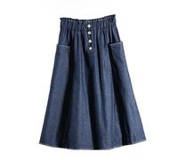 OVJENTSK Jupe en Jean Trapèze pour Femme, Longueur Genou, Couleur Unie, Style Décontracté, Demi-Robe, Taille Élastique Extensible, Taille Haute, Jupe Mi-Longue avec Poche, Bleu Marine, Taille Unique