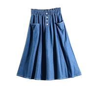 OVJENTSK Jupe en Jean Trapèze pour Femme, Longueur Genou, Couleur Unie, Style Décontracté, Demi-Robe, Taille Élastique Extensible, Taille Haute, Jupe Mi-Longue avec Poche, Bleu, Taille Unique