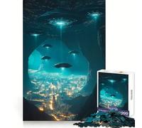 OVNIs au-Dessus d'un Paysage Urbain Puzzle de 1000 pièces Stimulation mentale Douce et agréable Ajustement Parfait (38x52cm)