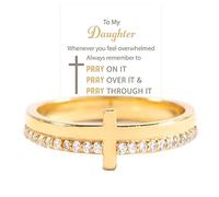 OVNMFH to My Daughter, Pray on It Golden Cross Ring, S925 Silver Cubic Zirconia Cross Ring empilable Priez la Bague Religieuse chrétienne (Gold,8)
