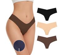 OVRUNS Lot de 3 strings taille basse invisibles camel pour femme sans couture camel, Noir/Nude/Café, Small