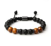 Ovyntremis Tiger Eye Men's Bracelet, 8mm Beads on Braided Elastic Rope - Handmade Good Luck Jewellery, Gift for Him with Elegant Box