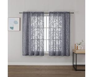OVZME Lot de 2 Rideaux Transparents Gris 106,7 x 114,3 cm de Long, Rideaux Semi-Transparents texturés filtrant la lumière, Motif Feuilles Jacquard pour Petites fenêtres