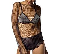 Owegvia Haut sexy à manches longues en maille pour femme avec paillettes et strass ajourés et col rond brillant en résille, Noir , XS