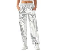 Owegvia Pantalon holographique Hip Hop Club taille haute ample jambe large métallique brillant disco pantalon avec poches pour femme, Argenté., L