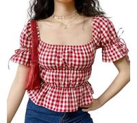 Owegvia Rouge Babydoll Tops Flared Manches Courtes Col Carré Tie Up Plaid T-Shirt Grunge Vêtements Doux Fille Esthétique Vêtements, Rouge, L