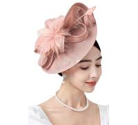 OWEIEYEU Chapeau bibi pour femmes, idéal pour le thé, les courses hippiques, chapeau tambourin de mariage avec plumes et fleurs, nude, taille unique
