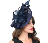 OWEIEYEU Chapeau bibi pour femmes, idéal pour le thé, les courses hippiques, les mariages - Avec plumes et fleurs, bleu marine, taille unique