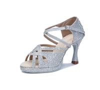 OWEIEYEU Chaussures de danse latine à plateforme pour femme Tango Talons hauts Danse de salle de bal Sandales strass, Talon argenté de 6 cm., 36.5 EU