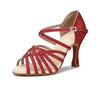 OWEIEYEU Chaussures de danse latine pour femme avec strass pour salsa, tango, danse, mariage, fête, Talon rouge de 7 cm., 36.5 EU