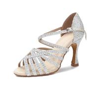 OWEIEYEU Chaussures de danse latine pour femme avec strass pour salsa, tango, danse, mariage, fête, Talon en argent de 7 cm., 36.5 EU